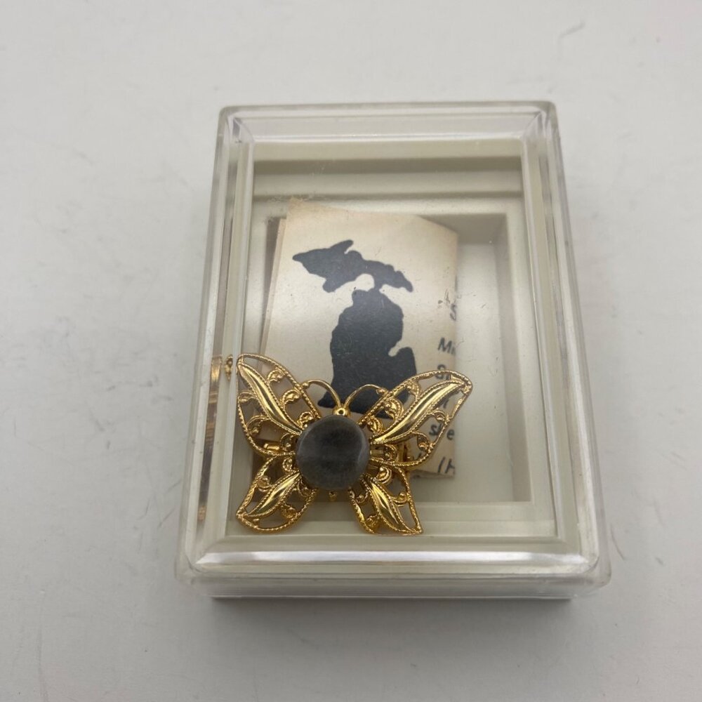 Vtg Petoskey Stone Butterfly Brooch Filigree Gold Tone Pin Box Michigan Fossil - Picture 4 of 10